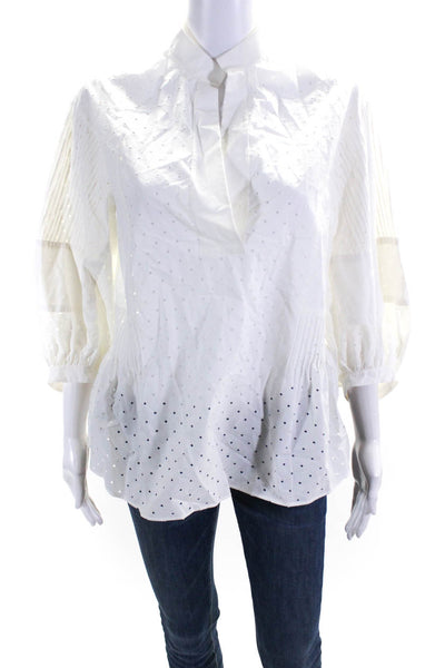 Akris Punto Womens Cotton Eyelet V-Neck Long Sleeve Blouse Top White Size 4