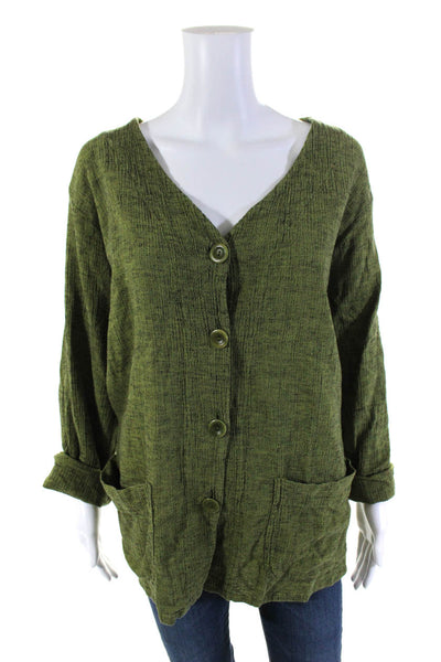 Flax Womens Green Cotton Textured V-Neck Long Sleeve Button Down Shirt Size M