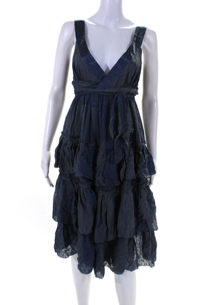 Cass Guy Women's Silk Sleeveless V-Neck Asymmetric Wrap Dress Blue Size 6