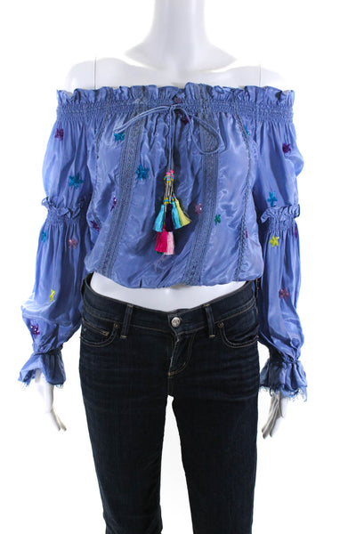 Rococo Sand Women's Off The Shoulder Smocked Tassel Blouse Blue Size XS