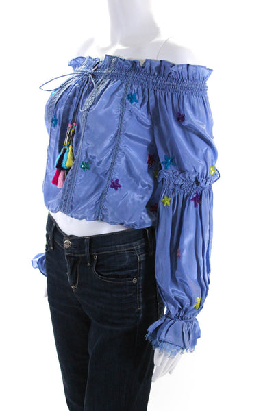 Rococo Sand Women's Off The Shoulder Smocked Tassel Blouse Blue Size XS