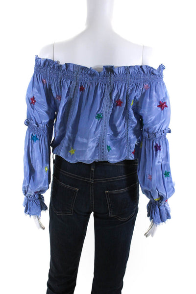 Rococo Sand Women's Off The Shoulder Smocked Tassel Blouse Blue Size XS