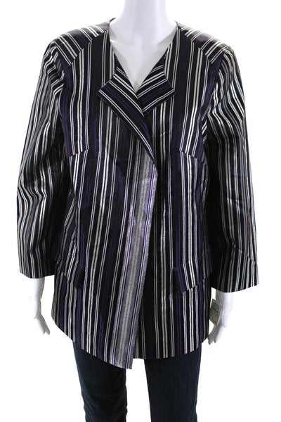 Shamask Women's Metallic Silk Open Front Striped Jacket Purple Size 3