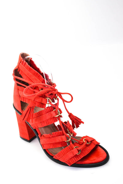 BCBGMAXAZRIA Womens Block Heel Fringe Strappy Sandals Red Suede Size 36.5