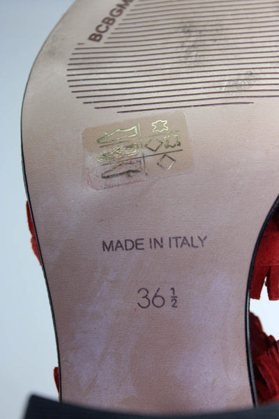 BCBGMAXAZRIA Womens Block Heel Fringe Strappy Sandals Red Suede Size 36.5