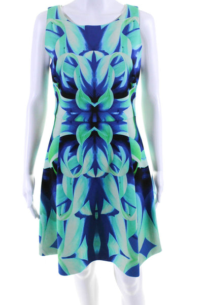 Karen Millen Womens Side Zip Sleeveless Abstract Flare Dress Blue Teal Size 8