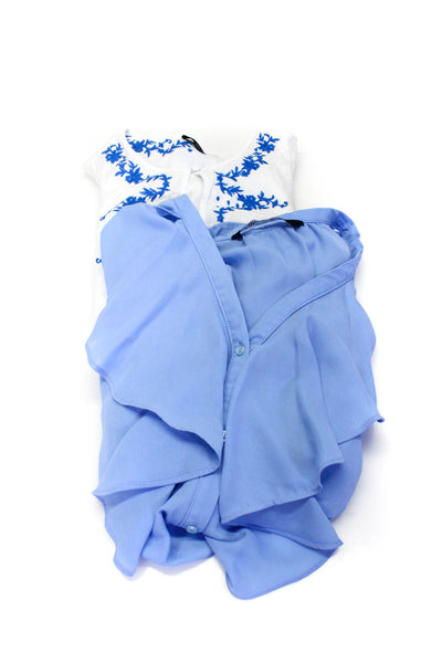 J Crew Womens Embroidered Ruffled V Neck Blouses White Blue Size Medium Lot 2