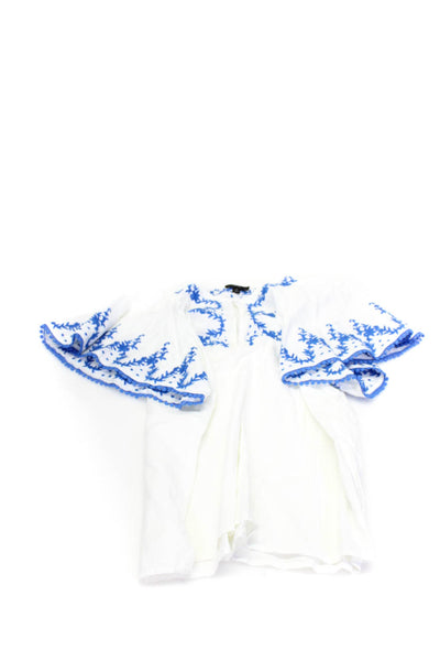 J Crew Womens Embroidered Ruffled V Neck Blouses White Blue Size Medium Lot 2