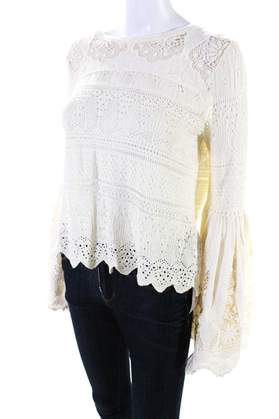Free People Womens Embroidered Flounce Sleeve Scalloped Hem Blouse Beige Size XS