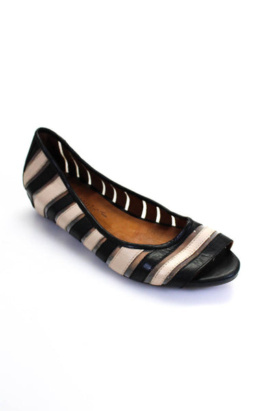 Gentle Souls Womens Black White Striped Peep Toe Leather Wedge Shoes Size 8.5M