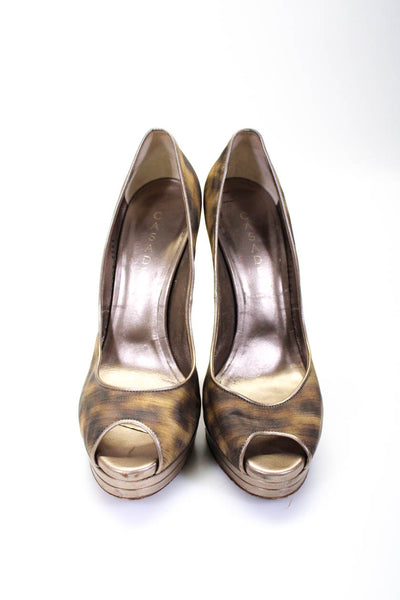 Casadei Womens Metallic Leather Trim Peep Toe Platform Pumps Brown Size 10