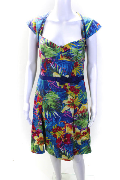Karen Millen Womens Grosgrain Bow Floral Swing Dress Multicolored Cotton Size 8