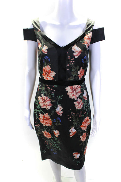 Karen Millen Womens Back Zip Cut Out V Neck Floral Sheath Dress Black Size 8