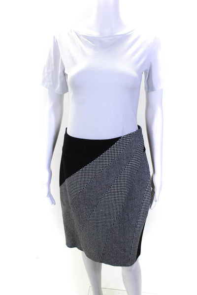 Karen Millen Womens Side Zip Houndstooth Pencil Skirt Black Gray Wool Size 8