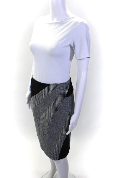 Karen Millen Womens Side Zip Houndstooth Pencil Skirt Black Gray Wool Size 8
