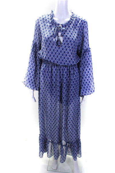Misa Womens Blue Printed Ruffle Tie V-Neck Long Sleeve Maxi Dress Size XS
