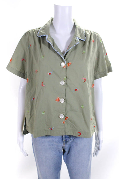 Roberta Roller Rabbit Womens Embroidered Button Down Shirt Green Size Small