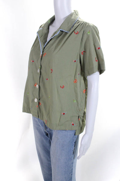 Roberta Roller Rabbit Womens Embroidered Button Down Shirt Green Size Small