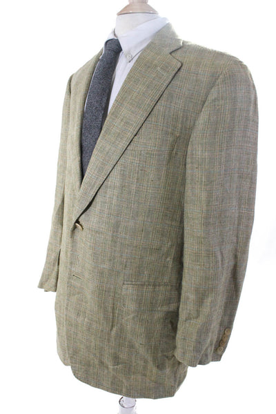 Samuelsohn Mens Silk Plaid Two Button Blazer Jacket Beige Size 42 Regular