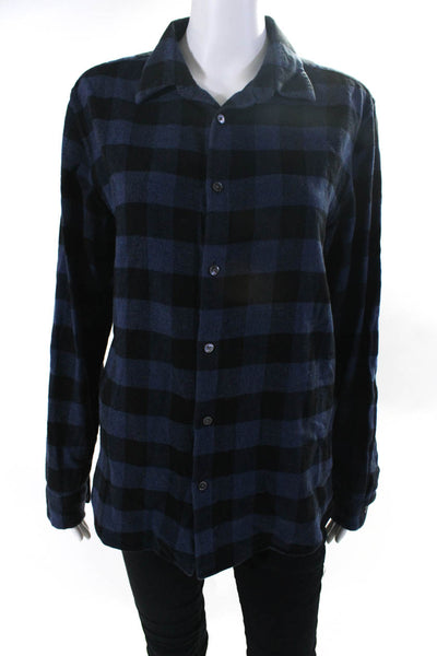 Theory Womens Cotton Gingham Print Collared Button Down Shirt Blue Black Size L