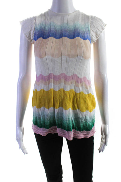 Missoni Round Neck Short Sleeves Chevron Print Multicolor Knit Flutter Sleeve To