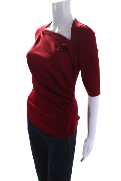 Joseph Womens 3/4 Sleeve Knit Draped Asymmetrical Top Blouse Red Wool Medium