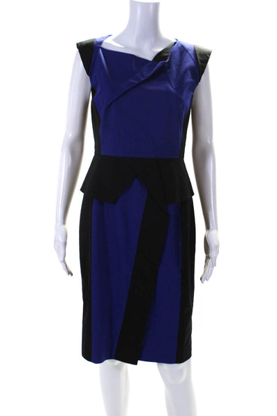 Karen Millen Womens Back Zip Sleeveless Sheath Dress Blue Black Cotton Size 8