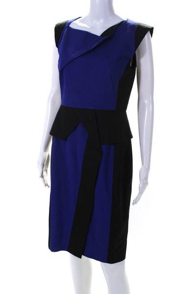 Karen Millen Womens Back Zip Sleeveless Sheath Dress Blue Black Cotton Size 8