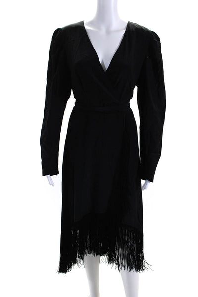 Kobi Halperin Women's Silk V-neck Long Sleeve Fringe Trim Wrap Dress Black Size