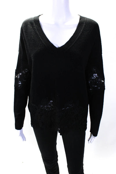 Sport The Kooples Womens Floral Lace Trim V Neck Sweater Black Wool Size 2