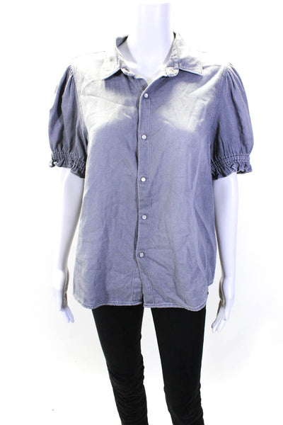 Ba&Sh Womens Short Puff Sleeve Collared Snap Shirt Blouse Gray Size Large