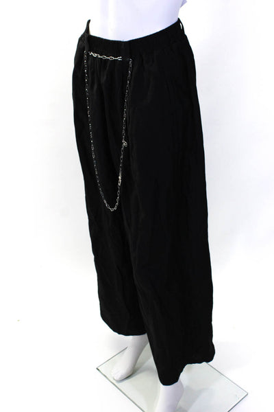 Theiliva Womens Elastic Waist Chain Belted Wide Leg Crop Pants Black Free Size