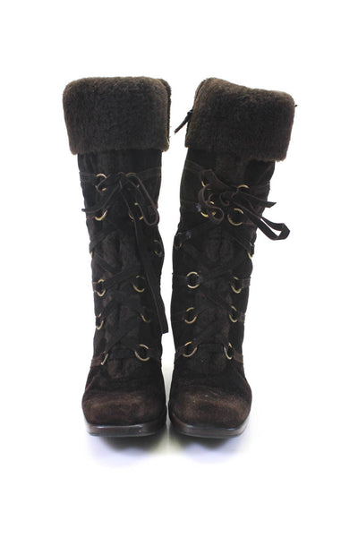 Stuart Weitzman Womens Side Zip Shearling Lined Mid Calf Boots Brown Suede 8.5