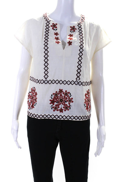 Suno Womens Embroidered Floral Y Neck Cap Sleeve Top Blouse Ivory Red Size 2