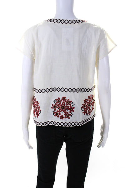 Suno Womens Embroidered Floral Y Neck Cap Sleeve Top Blouse Ivory Red Size 2