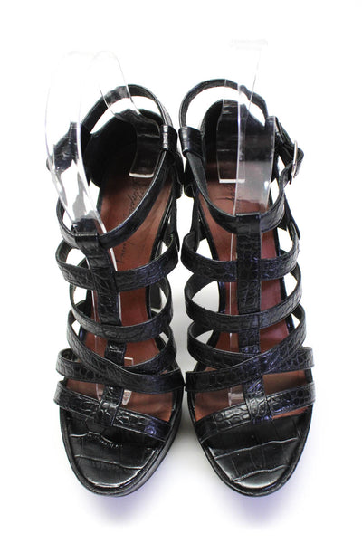 Elizabeth & James Womens Croc Embossed Platform Strappy Sandals Black Leather 6B
