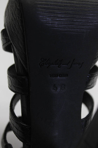 Elizabeth & James Womens Croc Embossed Platform Strappy Sandals Black Leather 6B