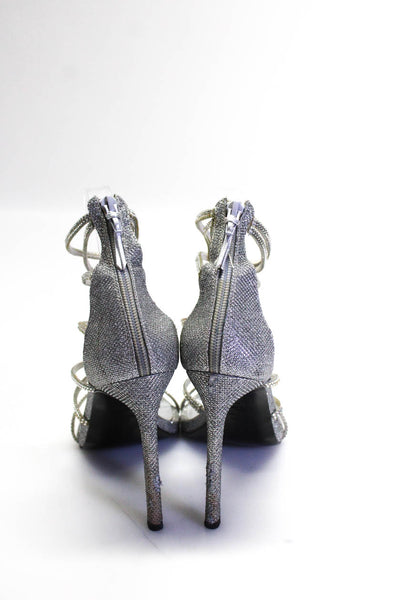 Stuart Weitzman Womens Back Zip Stiletto Crystal Metallic Sandals Silver Size 38