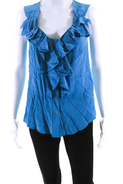 Nanette Lepore Womens Blue Silk Ruffle Scoop Neck Sleeveless Blouse Top Size 2