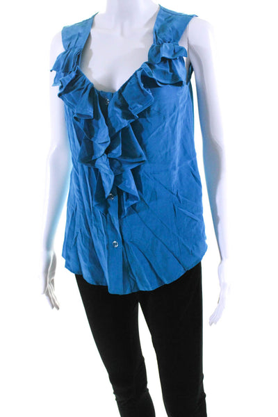 Nanette Lepore Womens Blue Silk Ruffle Scoop Neck Sleeveless Blouse Top Size 2