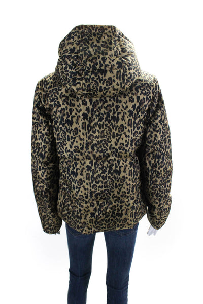 J Crew Womens Front Zip Quilted Hooded Leopard Jacket Brown Black Size Small