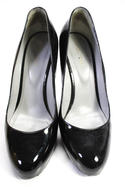 Sergio Rossi Womens Patent Leather Round Toe Slip On Heels Black Size 39.5 9.5