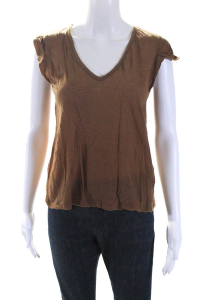 ALC Womens Solid Brown V-Neck Basic Short Sleeve Tee Top Size XS