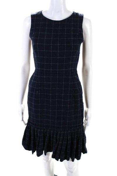 J Crew Womens Wool Grid Print Pleated Hem Sleeveless Zip Up Dress Navy Size 0