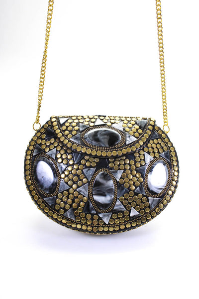 Designer Womens Chainlink Strap Metal Studded Vintage Handbag Black Gold Tone