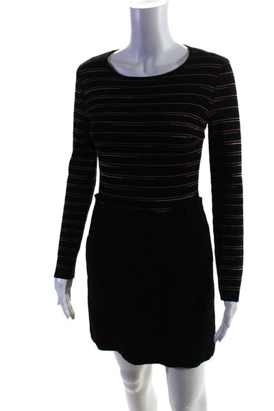 Missoni Women's Round Neck Long Sleeves Pockets Mini Dress Black Stripe Size 2