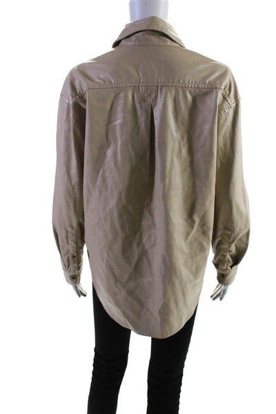 Saylor Women's Collar Long Sleeves Quarter Zip Faux Leather Shirt Beige Size S
