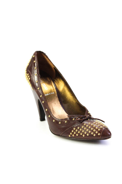 Miu Miu Womens Studded Leather Almond Toe Slip On Pumps Brown Gold Size 37.5 7.5