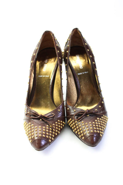 Miu Miu Womens Studded Leather Almond Toe Slip On Pumps Brown Gold Size 37.5 7.5