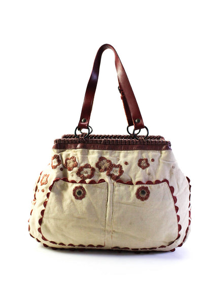 Jamin Puech Womens Embroidered Beaded Canvas Hinged Tote Handbag Ivory Red
